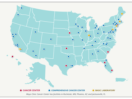 A map of the USA with designations for the locations of cancer centers