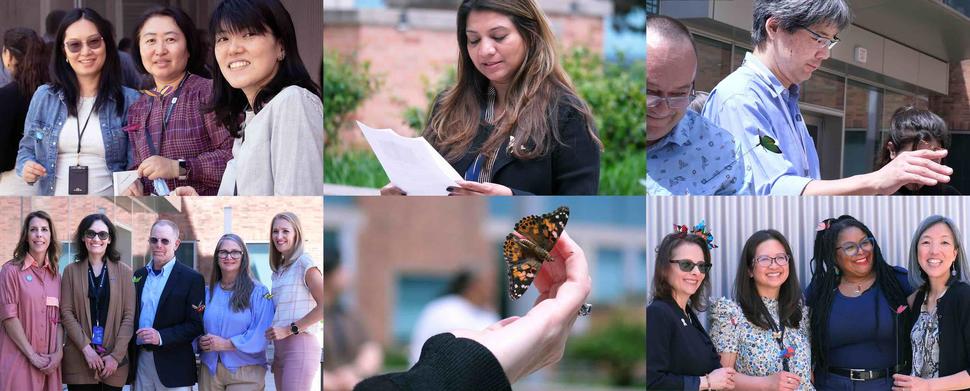 Collage of six images of NIH staff at the butterfly release smiling and holding butterflies