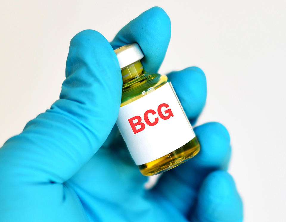 gloved hand holding a small bottle labeled BCG