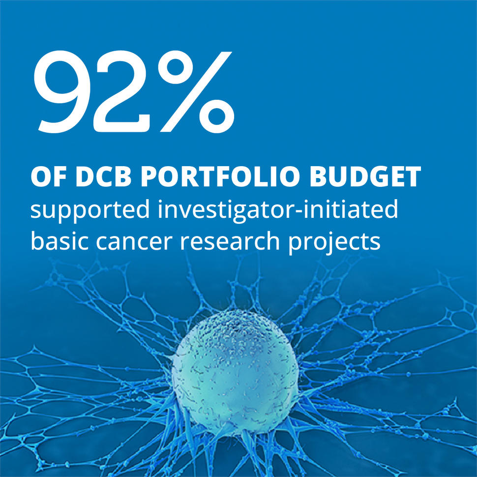 Factoid highlighting that 92% of DCB's portfolio budget supported investigator-initiated basic cancer research projects