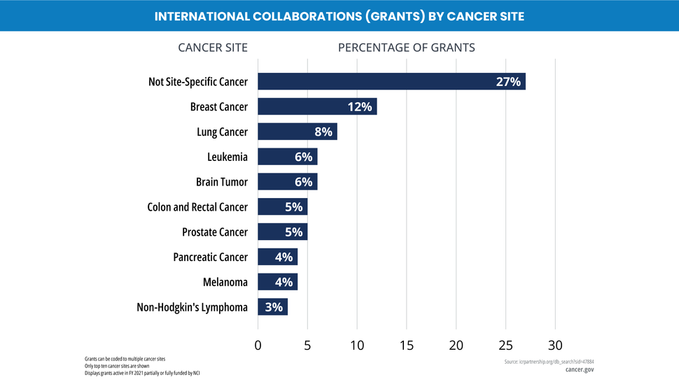 The image shows the ten most studied cancer sites in the NIH global cancer research portfolio through awards.  Not Site-Specific Cancer: 27%  Breast Cancer: 12%  Lung Cancer: 8%  Leukemia: 6%  Brain Tumor: 6%  Colon and Rectal Cancer: 5%  Prostate Cancer: 5% Pancreatic Cancer: 4% Melanoma: 4% Non-Hodgkin’s Lymphoma: 3%