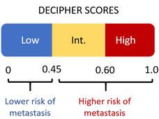 Range of scores for the Decipher test showing low, intermediate, and high risk of prostate cancer metastasis