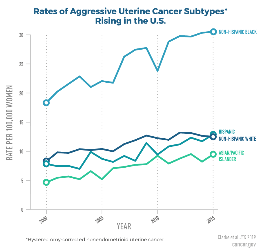 A line graph showing rates of aggressive uterine cancer subtypes rising between 2000 and 2015 among four US racial/ethnic groups: non-Hispanic black women, Hispanic women, non-Hispanic white women, and Asian/Pacific Islander women.