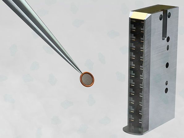 Computer graphic of tweezers holding a penny-sized carbon grid with frozen protein sample being loaded into cryo-electron microscope cartridge, a black tower-like structure.