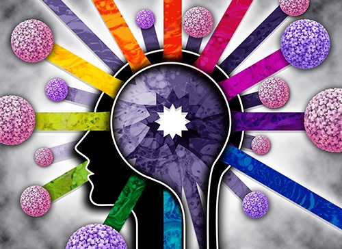 A schematic cross-section of the head and neck, with a rainbow of colored sticks emanating from a star image in the center of the head and radiating out to various pink and purple colored globes depicting virus forms associated with head and neck cancers.