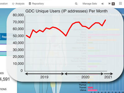 Screenshot of the number of users per month at NCI’s Genomic Data Commons surpassed 73,000 in January 2021