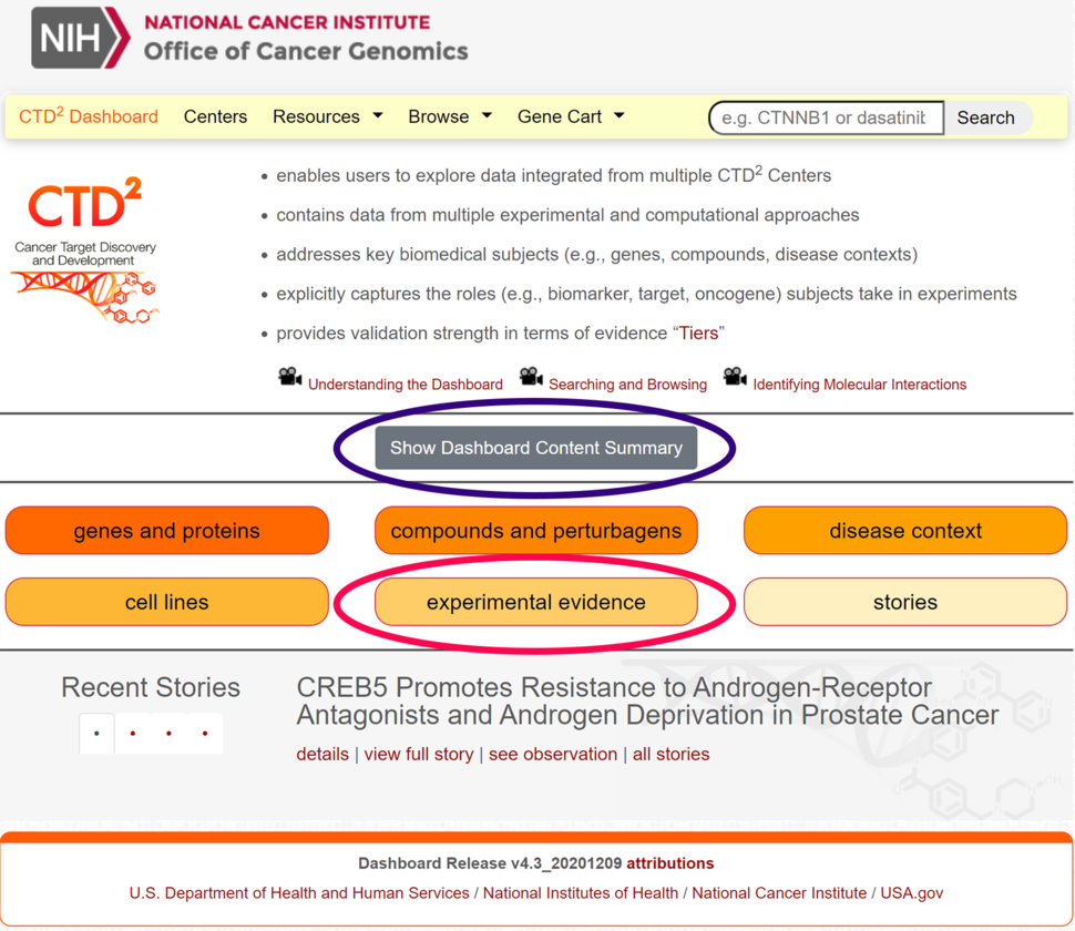 Updated Dashboard landing page, including content summary (purple oval) and new subject button for experimental evidence (red oval)