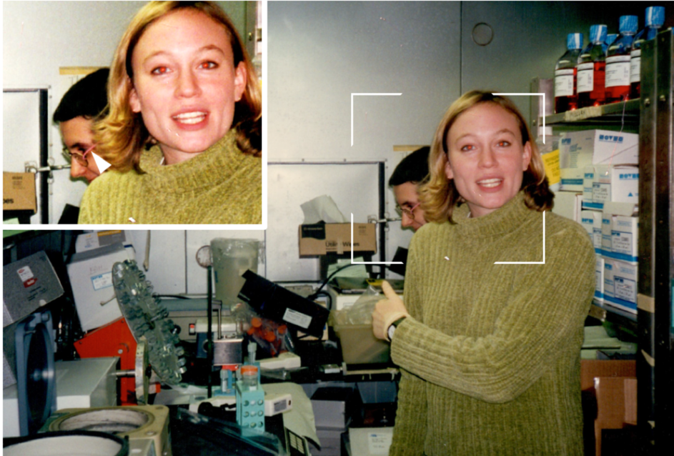 Photo of Jennifer Boldrick in the lab, with part of the photo zoomed in on Ash Alizadeh working in the background