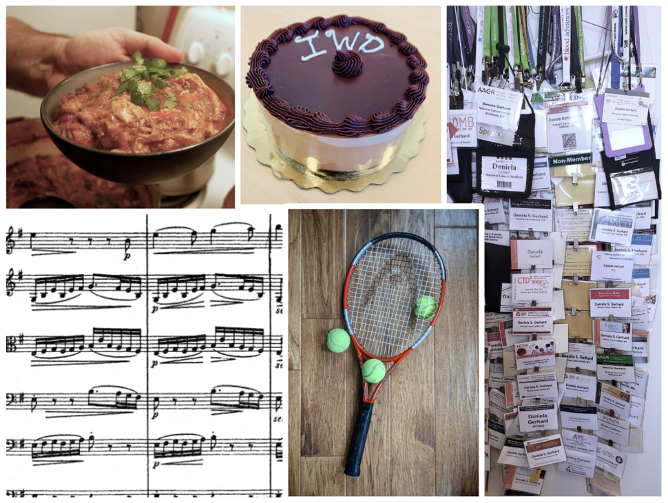 collage of images, including a bowl of food, chocolate cake, tennis racket and tennis balls, sheet of music, and Daniela's name tags from conferences she attended.