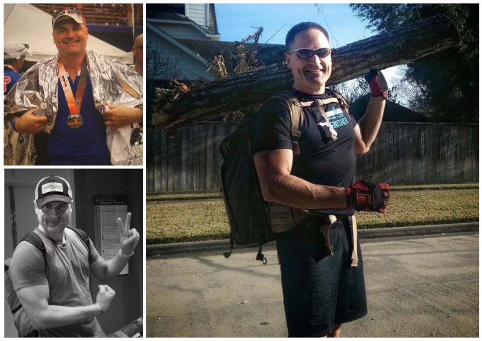 three photos of Ken Scott put together in a collage include two photos of Ken with a backpack on and making a muscle and one photo with a medal around his neck.