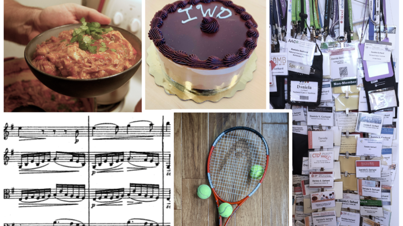 collage of images, including a bowl of food, chocolate cake, tennis racket and tennis balls, sheet of music, and Daniela's name tags from conferences she attended.