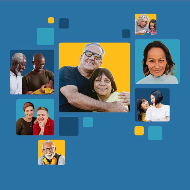 Un mosaico de personas sonrientes de diferentes orígenes en azulejos coloridos.