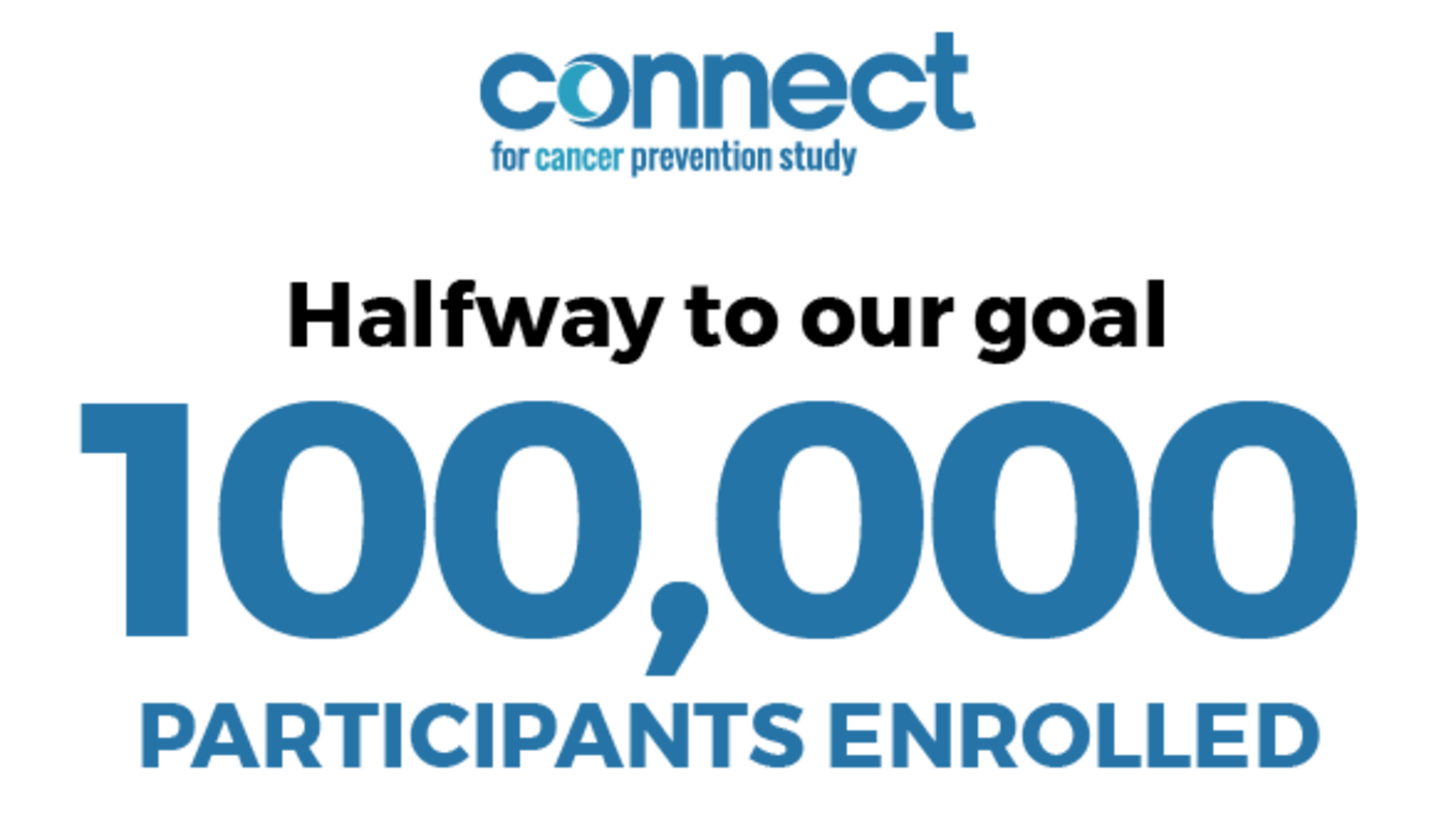Connect logo. Graphic: 100,000 participants enrolled, halfway to the goal of 200,000.