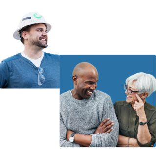 A compilation of two images. One is a construction worker the second is a pair of people engaging with each other and smiling