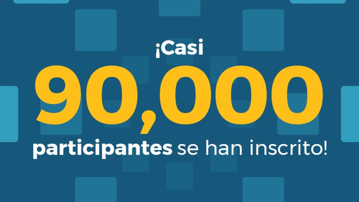 Gráfico con los colores de Connect que presenta el texto “¡casi 90,000 participantes se han unido!”, destacando el aumento de la participación y el crecimiento de la cohorte.