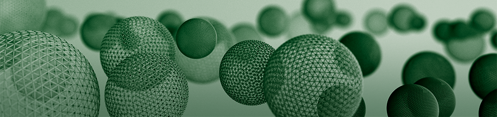 Group of green, 3D spheres made of dots 