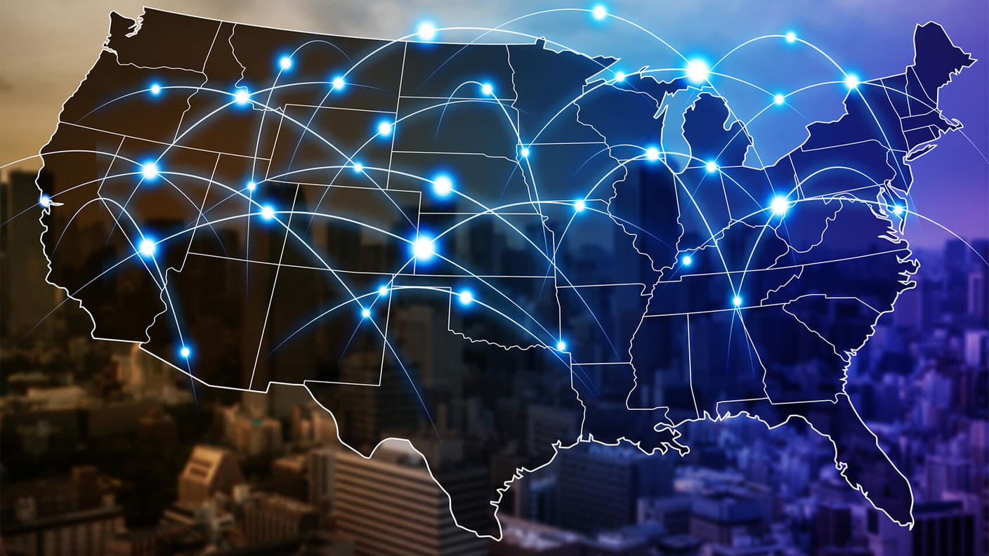 Map of the United States with highlighted points on the map displaying a network