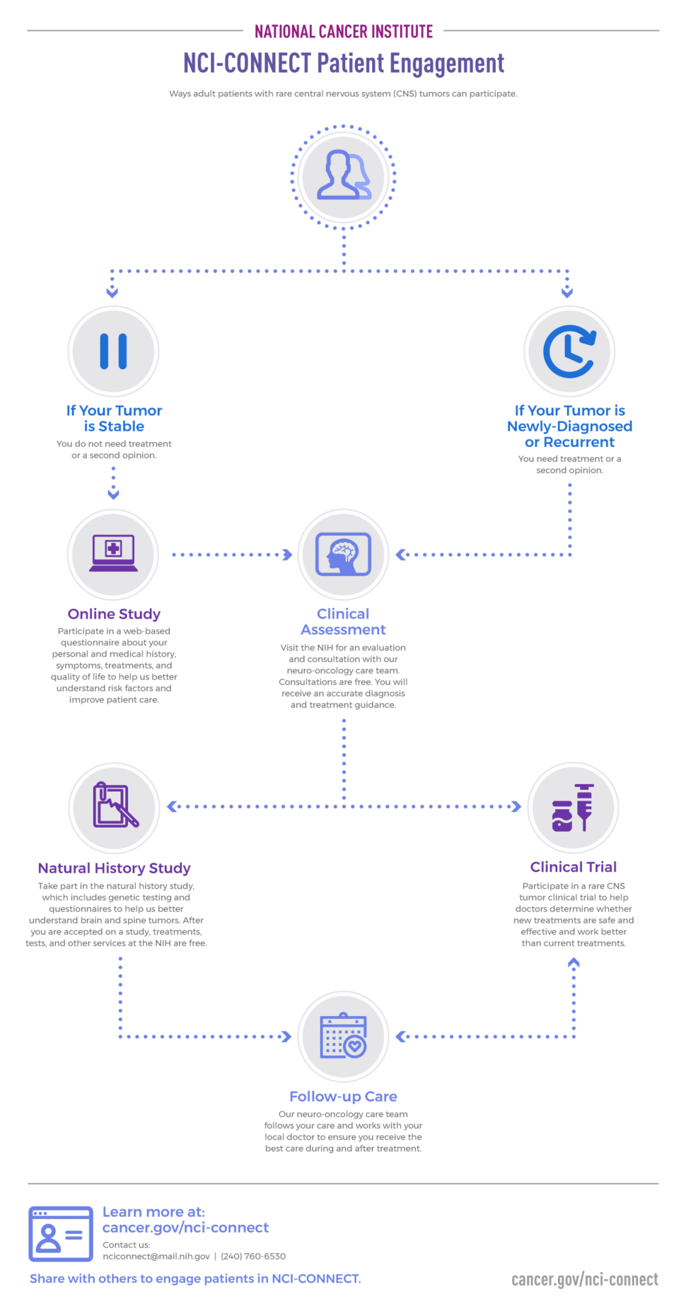 Flow chart showing the ways adult patients with rare central nervous system tumors can participate in clinical studies.