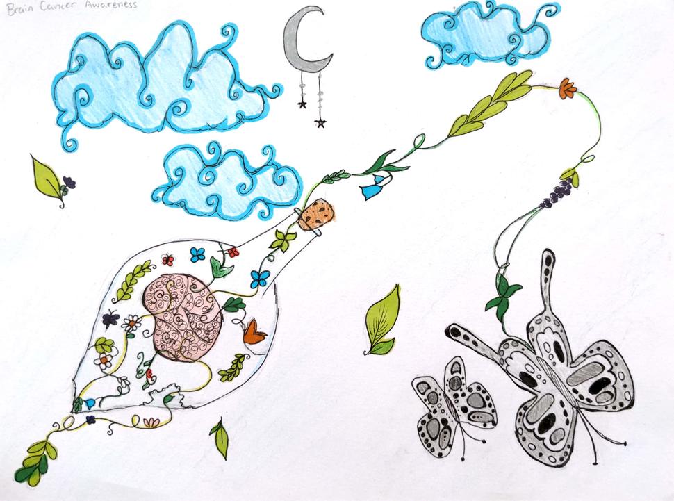 Drawing of a butterfly coming out of a glass bottle with clouds and a crescent moon in the background