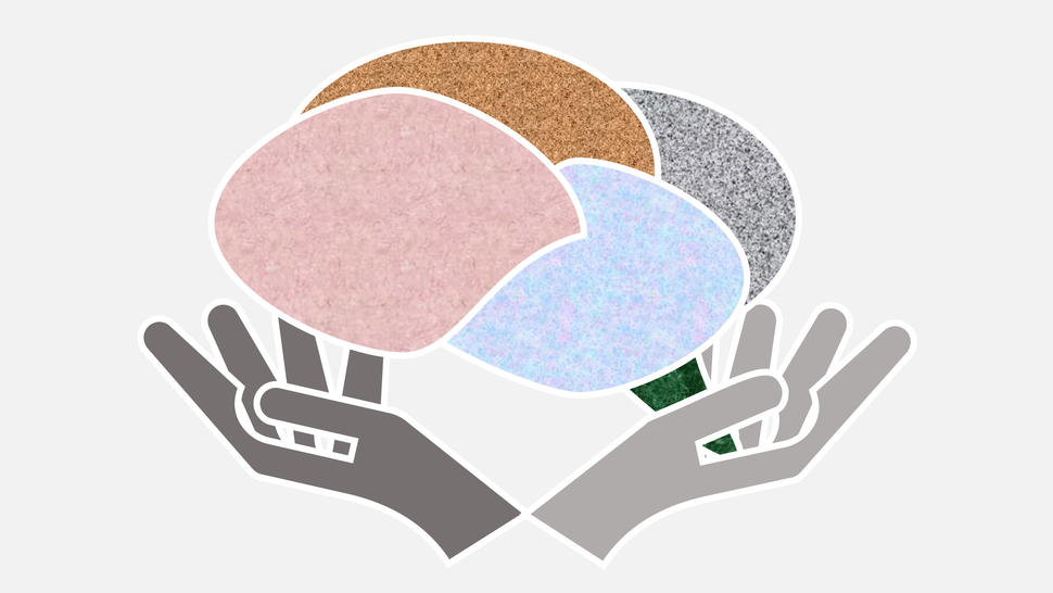 Illustration of two hands holding a stylized brain 