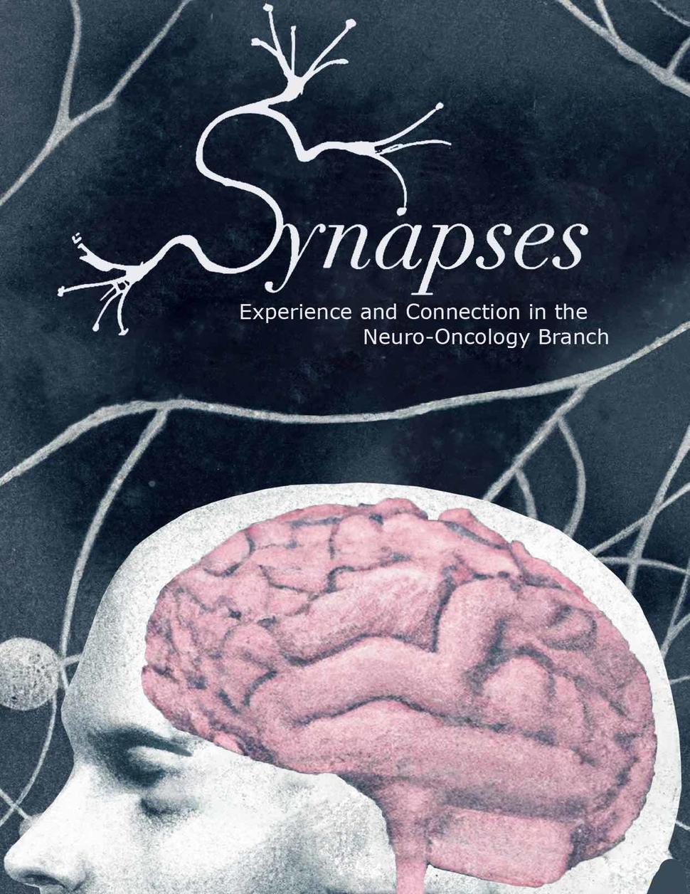 An illustration of a brain and head with the words: Synapses — experience and connection in the Neuro-Oncology Branch