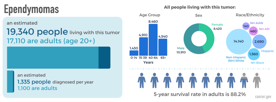 Infographic showing newly diagnosed cases, as well as prevalence by age, sex, and race. The five-year relative survival rate is also shown.