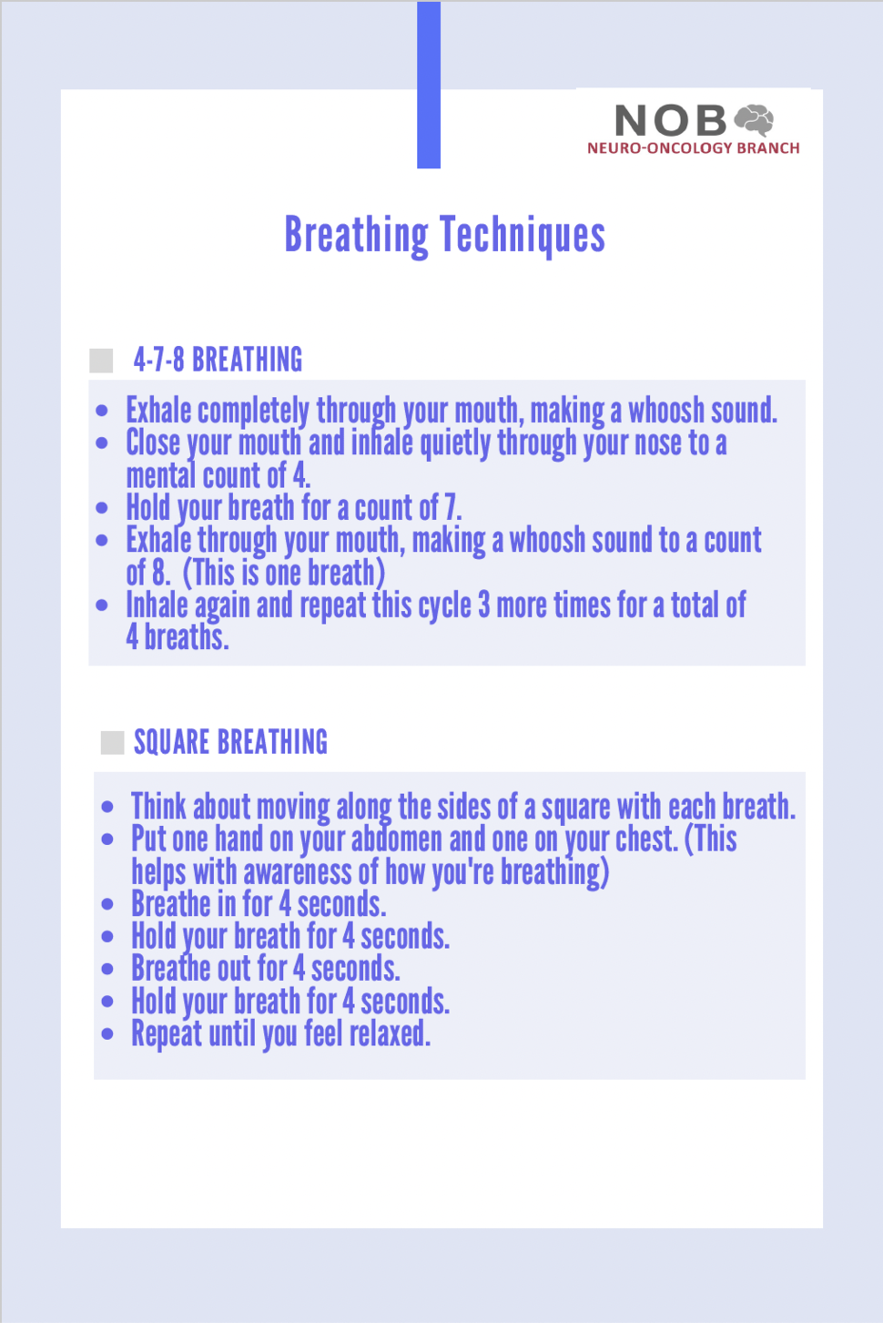 A card with instructions for "4-7-8 Breathing" and "Square Breathing."