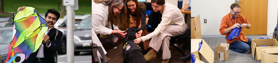 A triptych displaying staff members enjoying themselves at very wellness events. From left to right: A staff member smiling while holding a colorful kite; three staff members smiling while petting a dog as part of an animal therapy event; a staff member sitting on the ground, smiling while putting together care bags for patients and caregivers. 