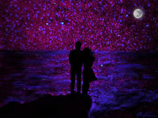Drawing of two people embracing in front of a body of water with a moon under a starry sky that is actually a microscopy image