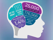 Infographic titled: Did you know? 1. There are over 130 different tumor types. 2. 25,000 new cases per year. 3. 176,566 people living with brain or spine tumors. 4. Brain and spine tumors represent 1.4% of all cancers.