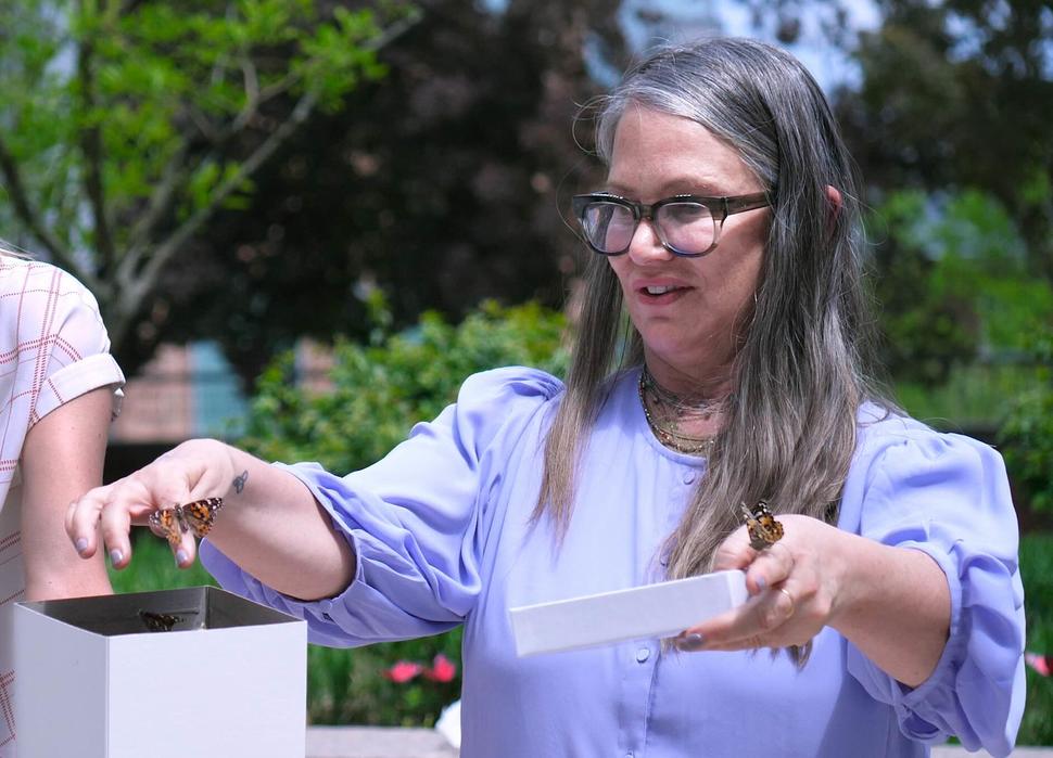 Terri Armstrong outside taking butterflies from a box and letting them perch on her fingers.