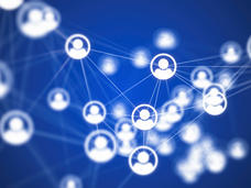 Circles containing anonymous head and shoulders icons, representing people on social media who are connecting with each other virtually.