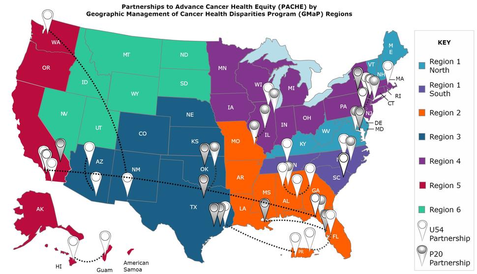 Map: Partnerships to Advance Cancer Health Equity (PACHE) by Geographic Management of Cancer Health Disparities (GMaP) Regions