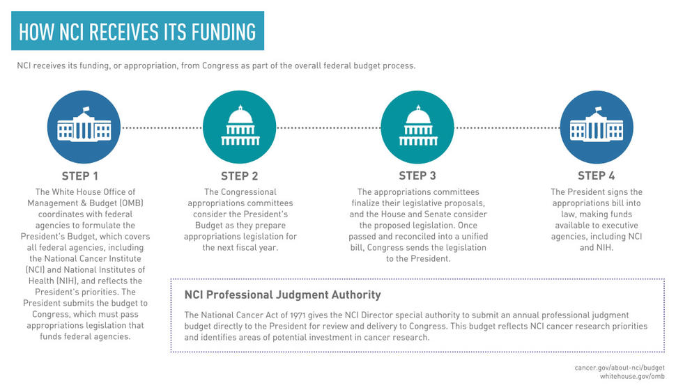 A flowchart depicting how NCI receives its funding through four key steps in the federal budget process.