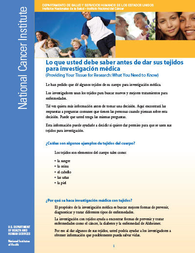Cover of the PDF "Lo que usted debe saber antes de dar sus tejidos para investigación médica"