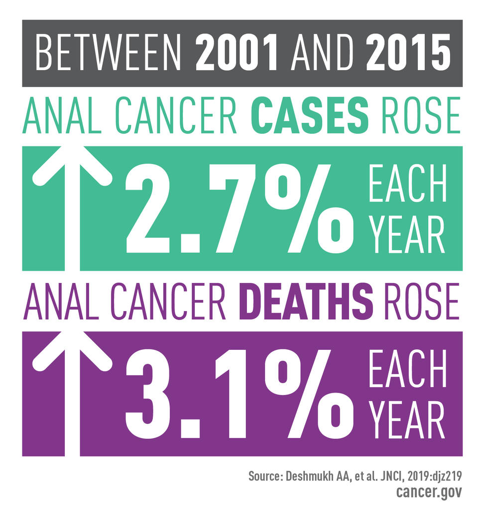 Anal cancer cases rose 2.7% and anal cancer deaths rose 3.1% each year between 2001 and 2015.
