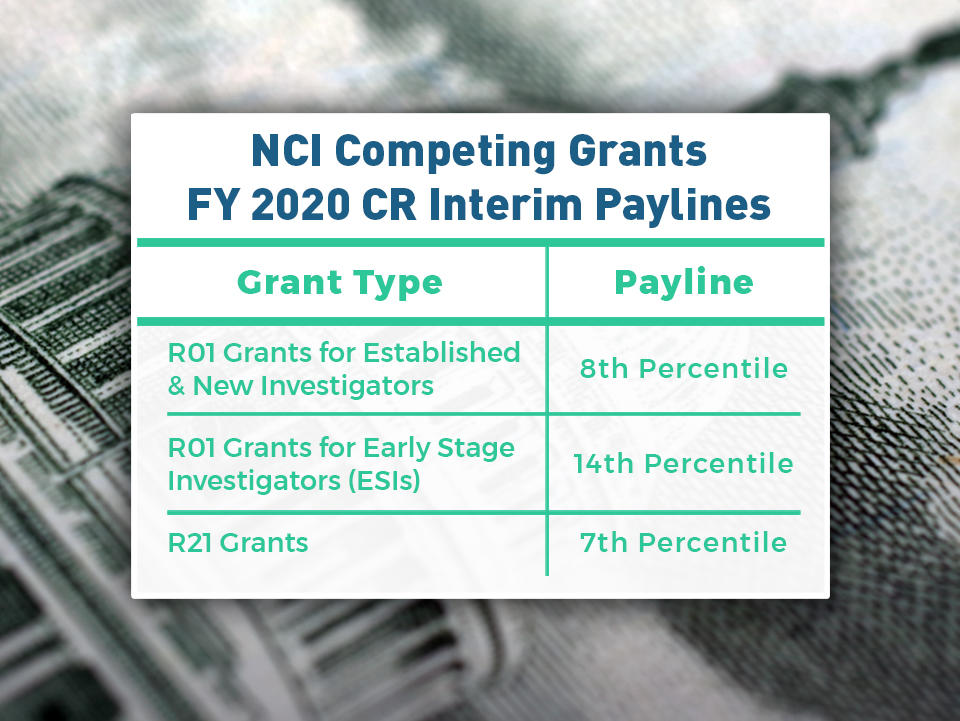 NCI Competing Grants FY 2020 CR Interim Paylines. R01 Grants for Established & New Investigators - 8th Percentile; R01 Grants for Early Stage Investigators (ESIs) - 14th Percentile; R21 Grants - 7th Percentile