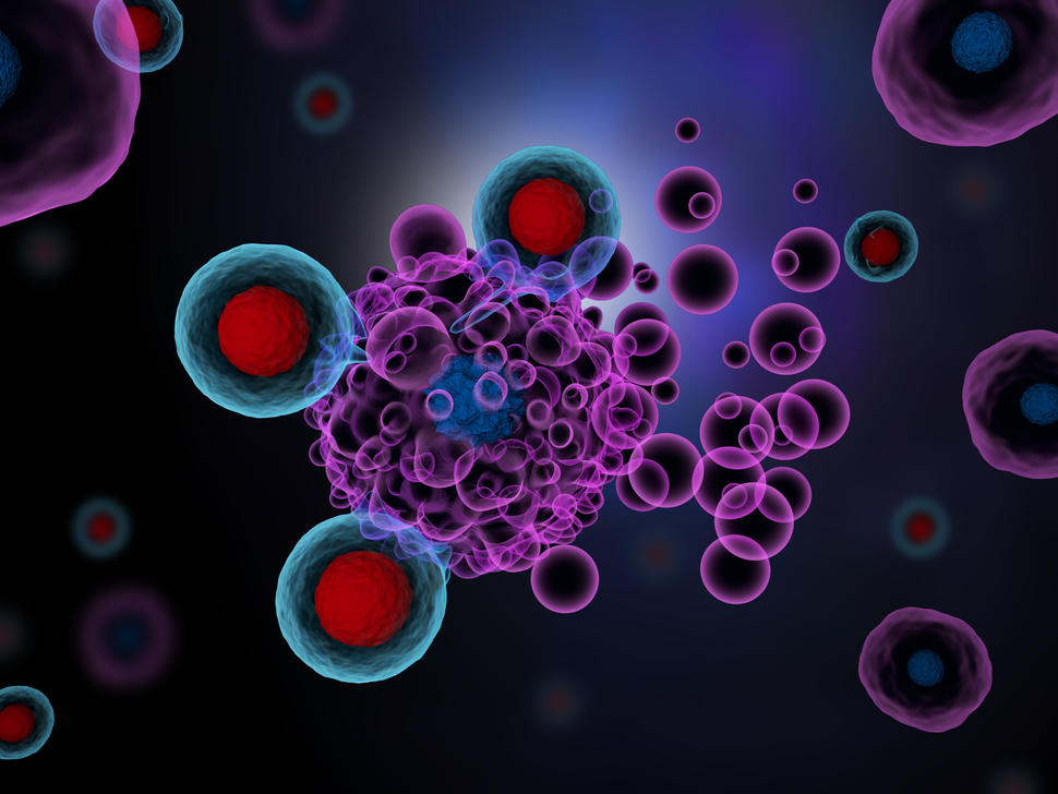Illustration of T cells attacking cancer cells