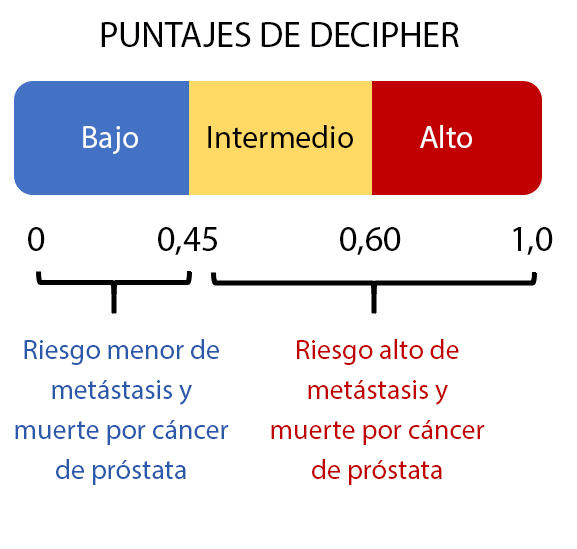 Escala de puntuación de la prueba Decipher , muestra un riesgo bajo, intermedio y alto de metástasis de cáncer de próstata.
