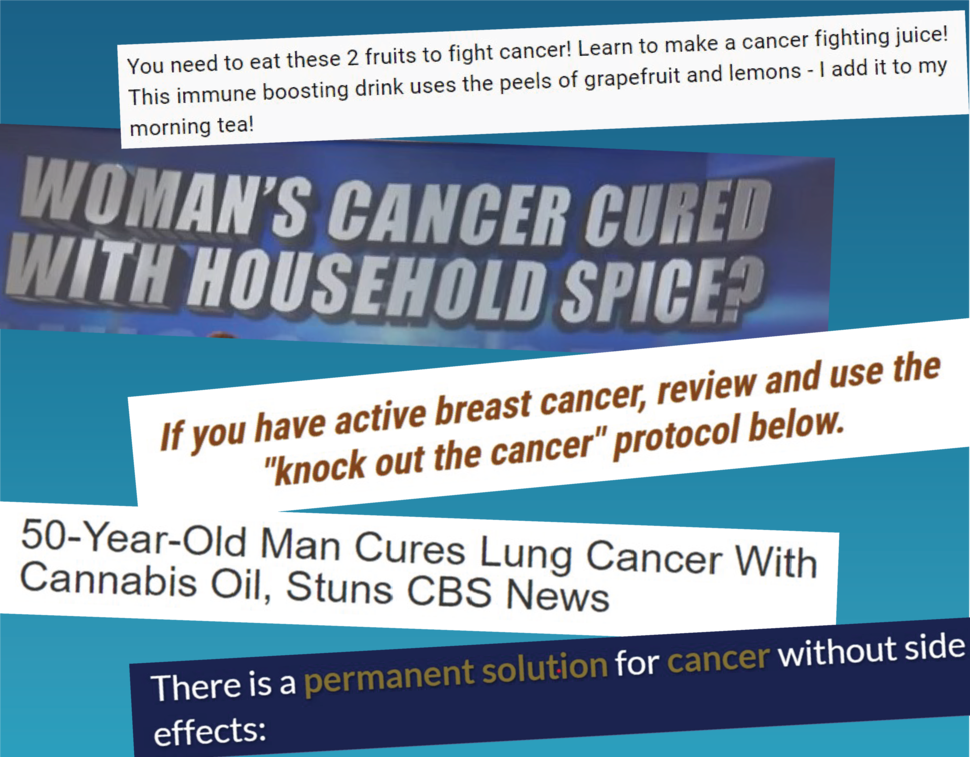 Image of many news article clippings with headlines involving bad information about cancer and how to help it