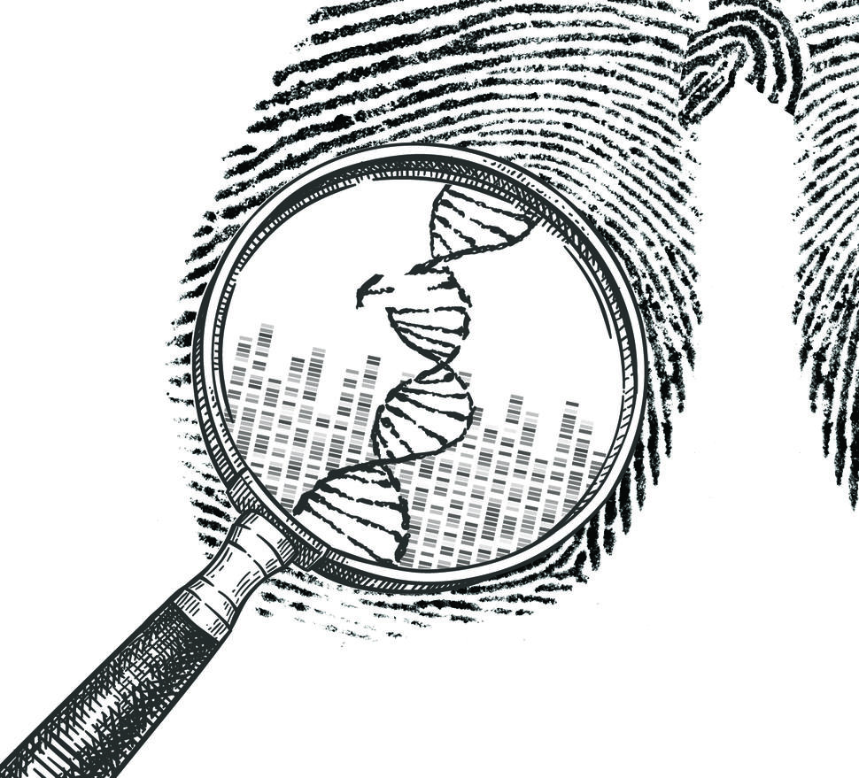 Illustration of lungs made up of DNA sequences. A magnifying glass hovers over a portion of a DNA sequence showing a mutational change. 