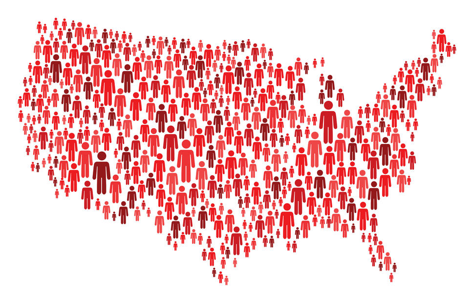 Mapa de los Estados Unidos con figuras en rojo de distintos tamaños que representan a personas. 