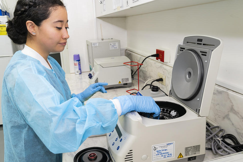Research assistant puts samples into a centrifuge 