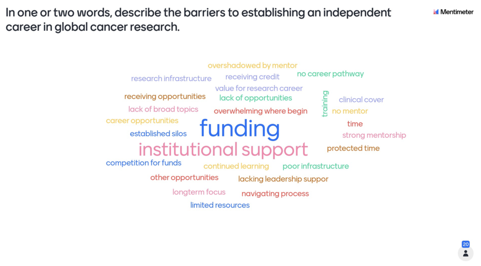 Word Cloud depicting the barriers to establishing an independent career in global cancer research by input from particpants from a poll taken at session during London Global Cancer Week 2021.