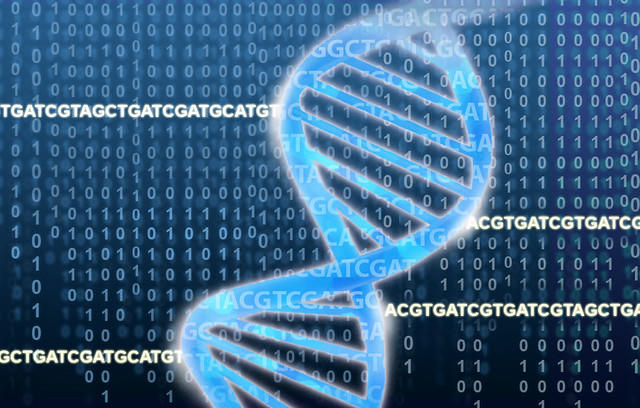 Graphic of a blue DNA double helix with letters representing genetic code as the background.  