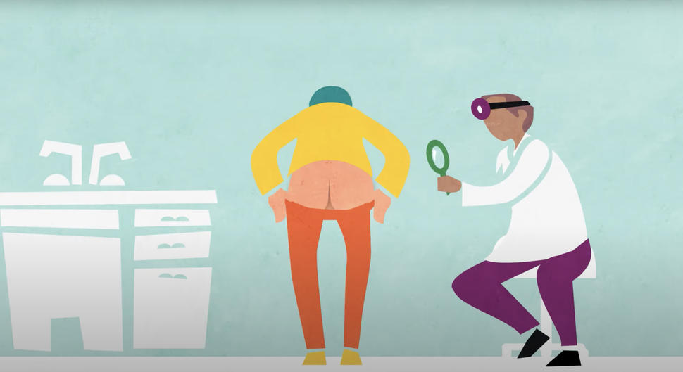 Cartoon of a patient baring their bottom as a doctor examines them for anal lesions.