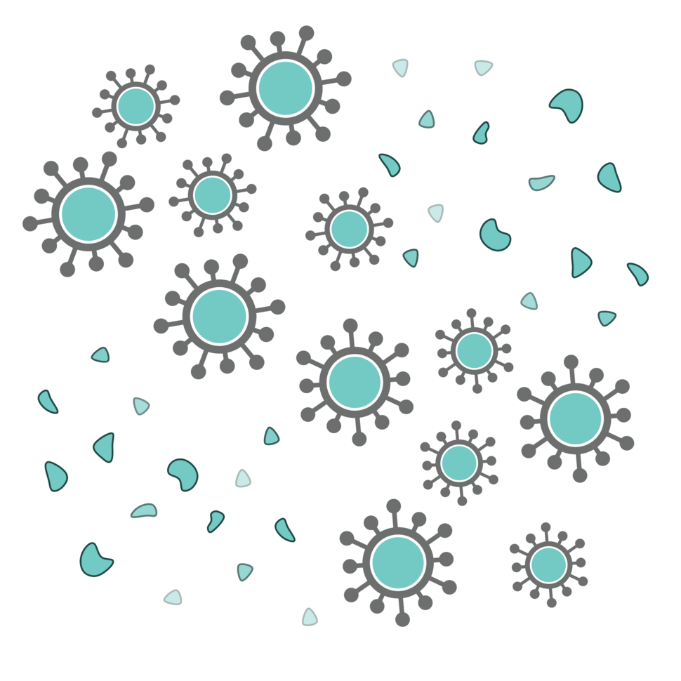 A graphic of blue-green viruses scattered around with small particles around them.