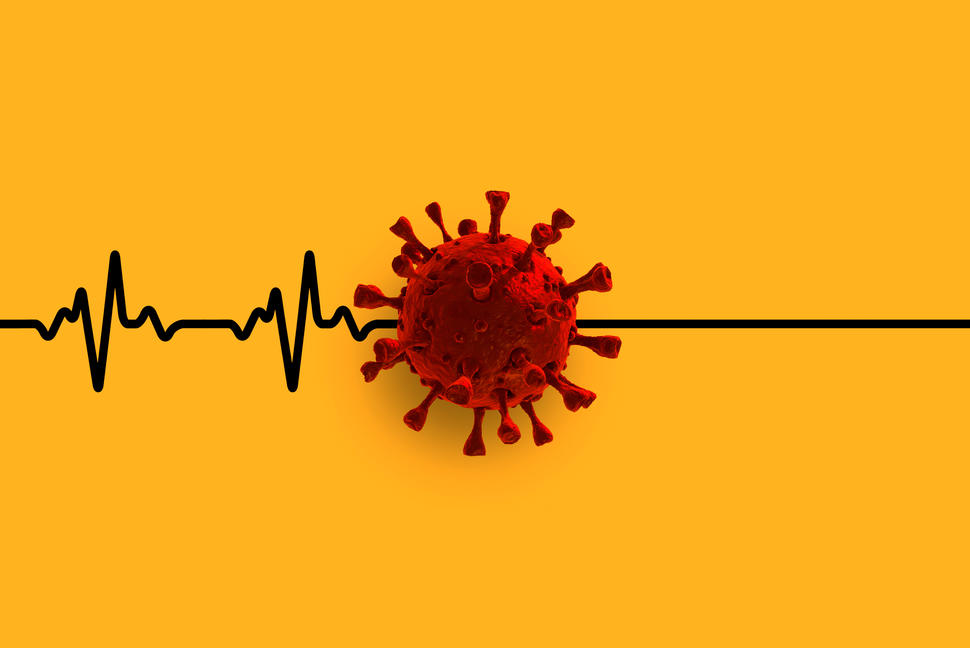 An illustration of a lifeline with a virus molecule in the middle, followed by a flat line.