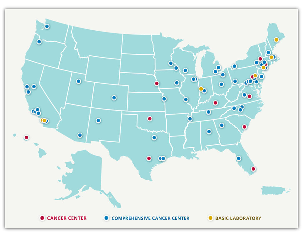 Map of cancer centers across the United States.