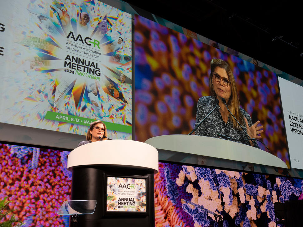Dr. Marcia Cruz-Correa speaks from the main stage at the AACR Annual Meeting 2022.